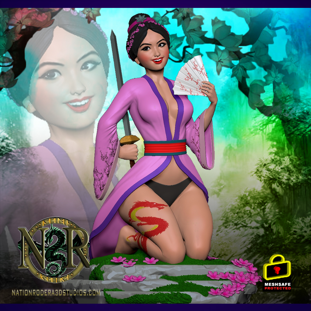 Mulan sitting with a fan and Sword